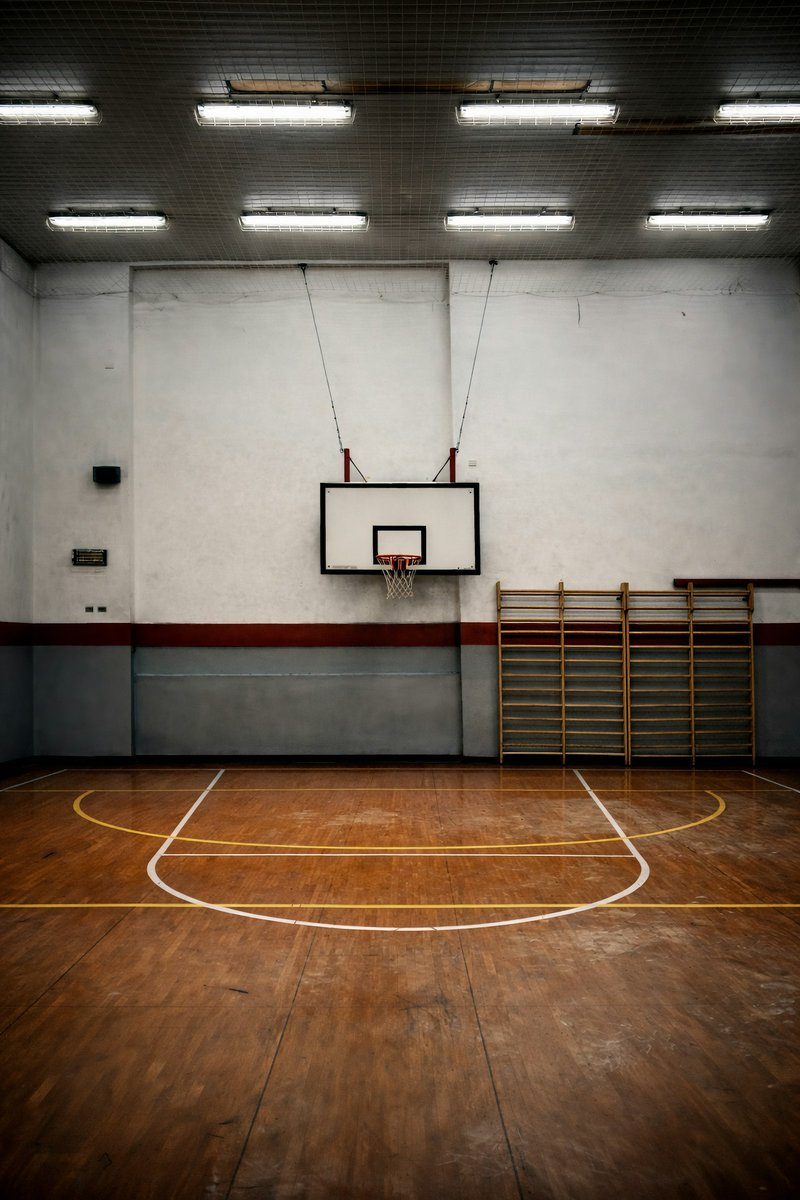 Petit gymnase vide avec des espaliers au mur et un panier de basket